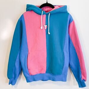 Teddy Fresh Love 80s Color Block Blue Pink Fleece Hoodie size Small